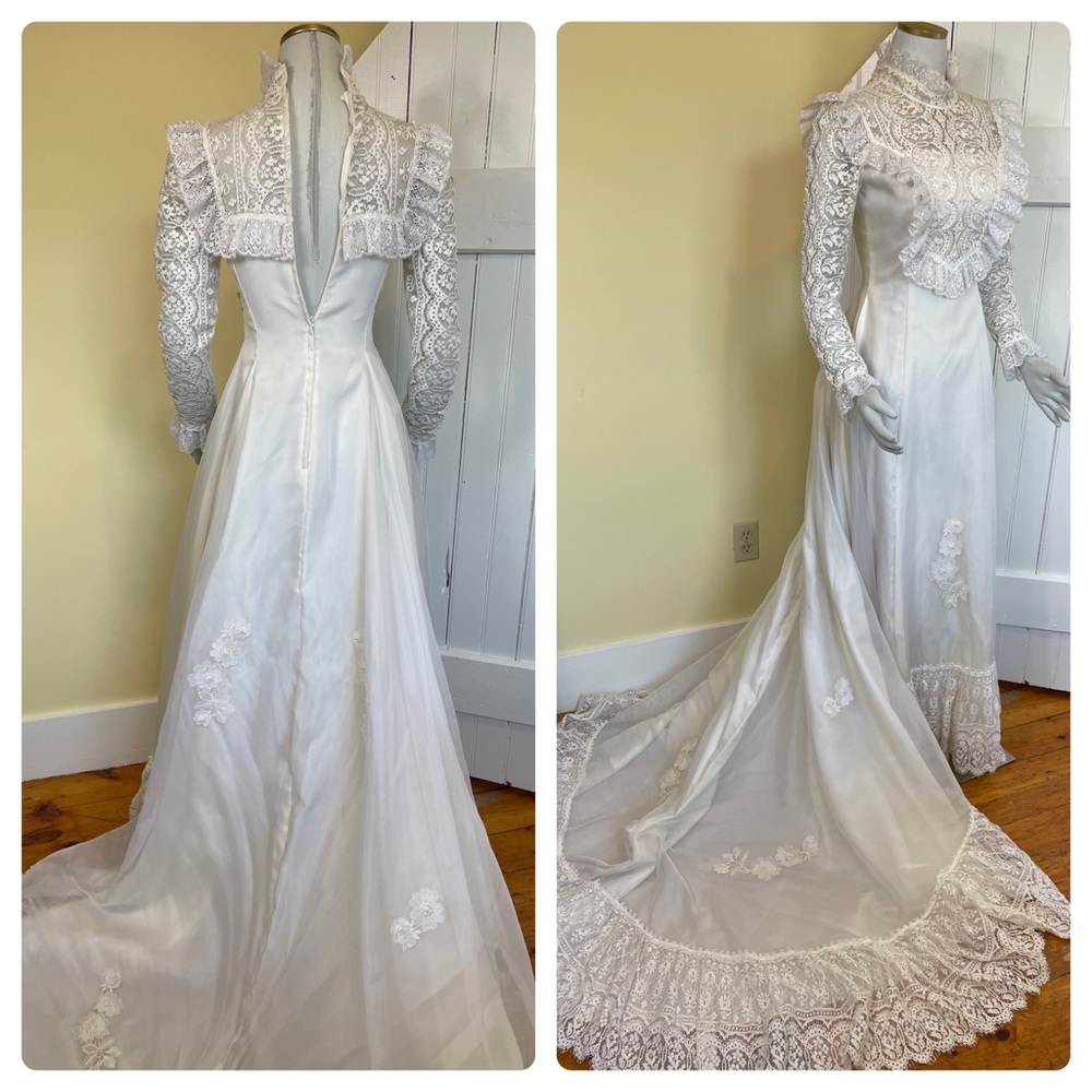 VINTAGE 1970s Wedding Dress: Full Train, Lace Trim, Pearl Embellished - Picture 5 of 17